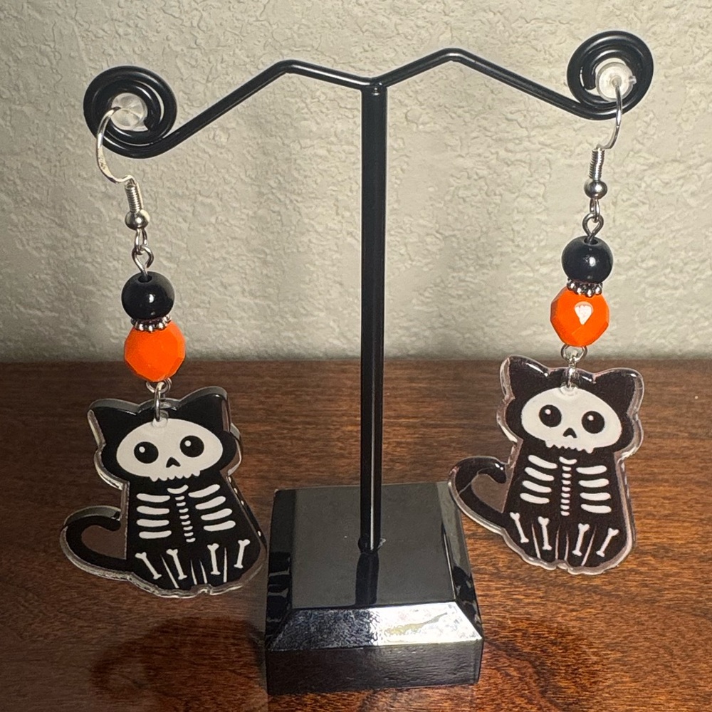 Skeleton Cat Earrings with Orange and Black Beads
